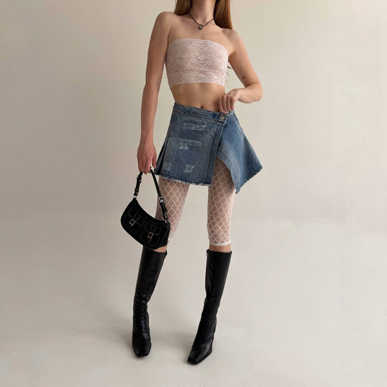Vintage light blue denim asymmetrical pleated skirt