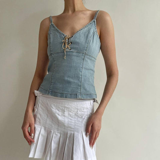 Vintage denim top with suede lace up detail