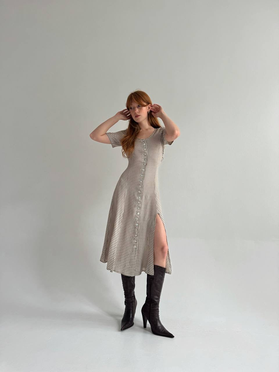 Vintage viscose checked dress with a waist tie