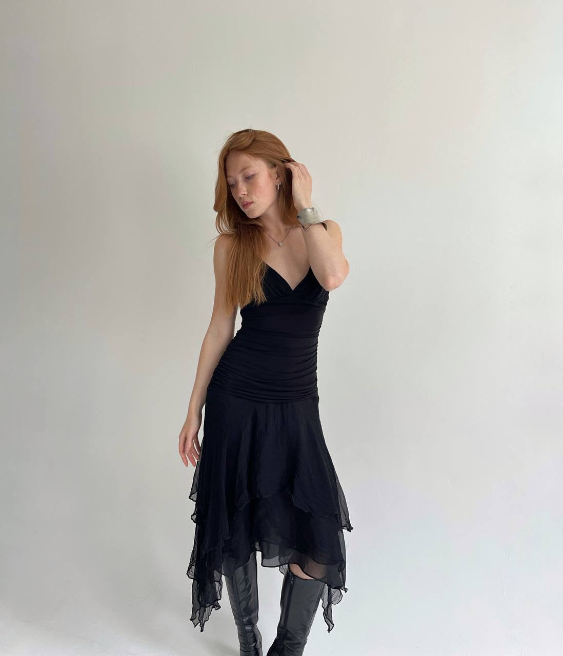 Y2K pure silk bottom black asymmetrical dress