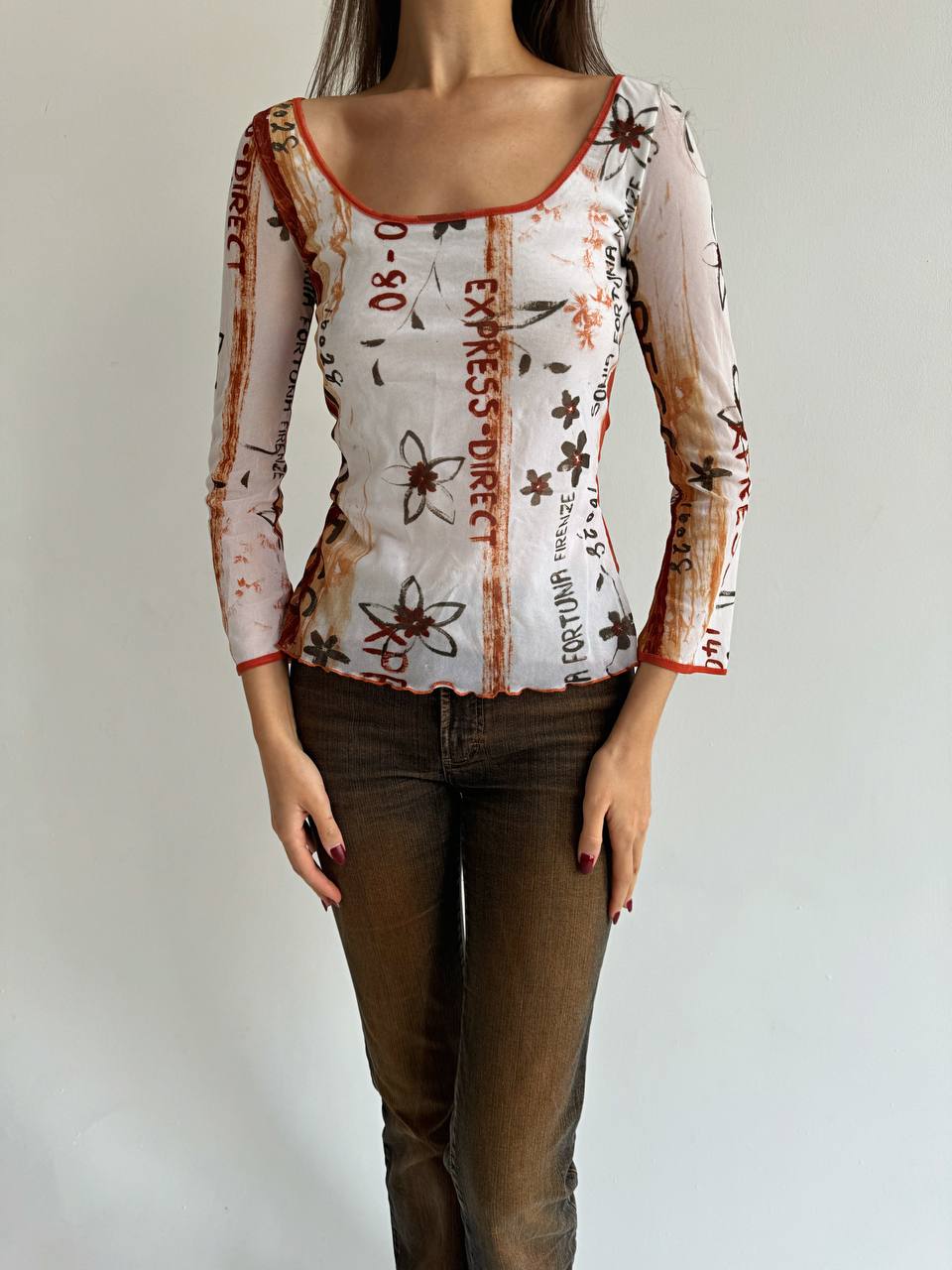 Vintage mesh printed embroidered blouse