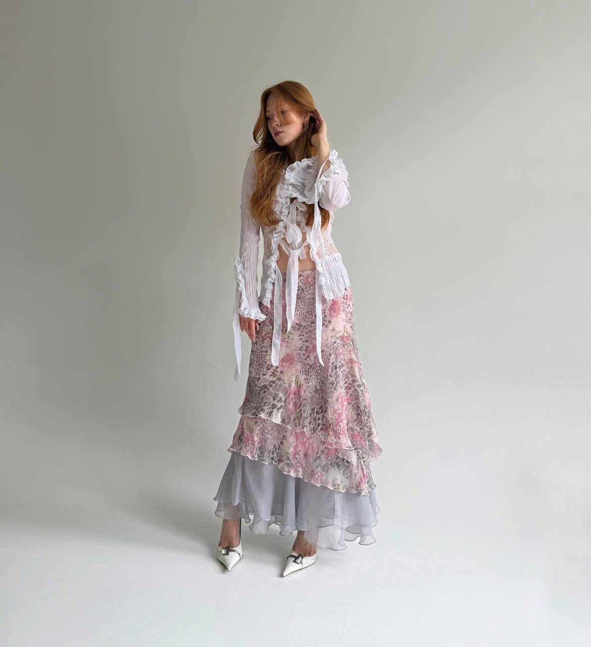 Vintage printed ruched long skirt
