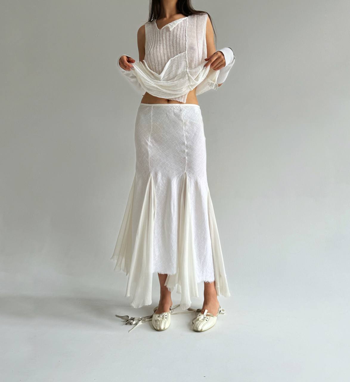 Vintage linen and silk maxi skirt in white