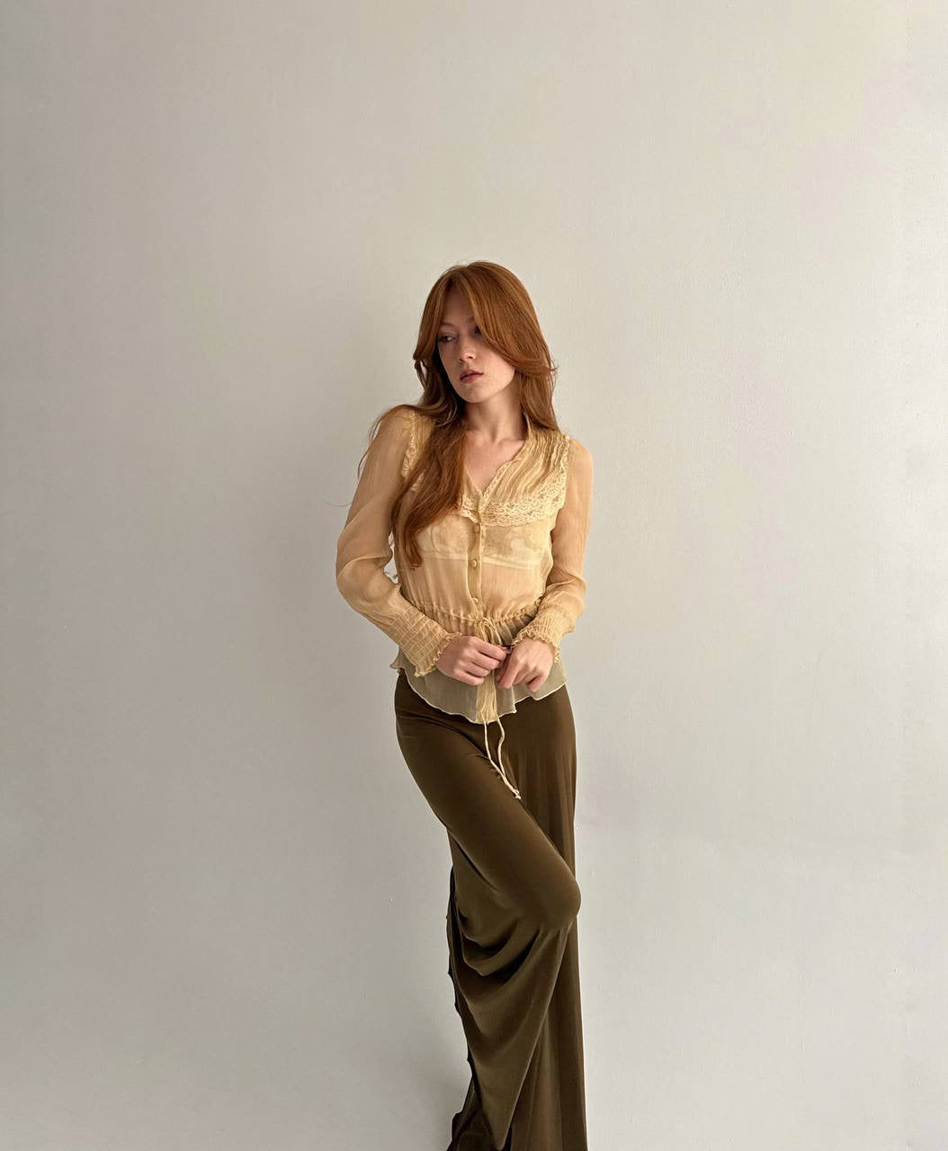 Vintage beige semi transparent blouse with lace