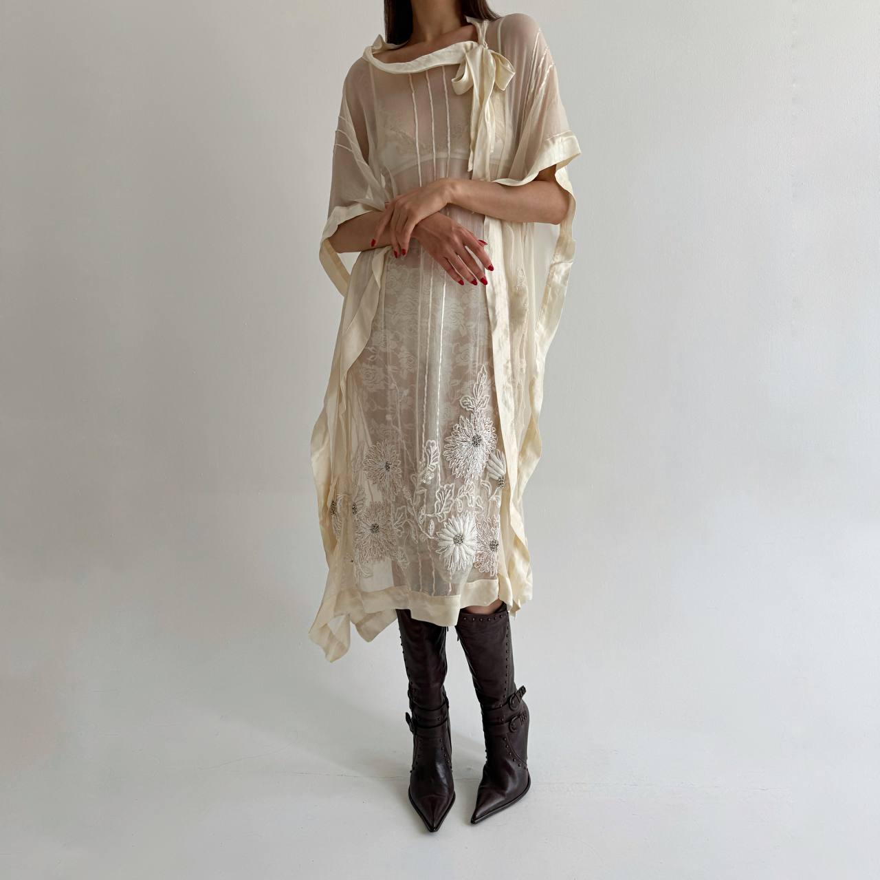 Vintage pure silk beaded crepe sheer dress