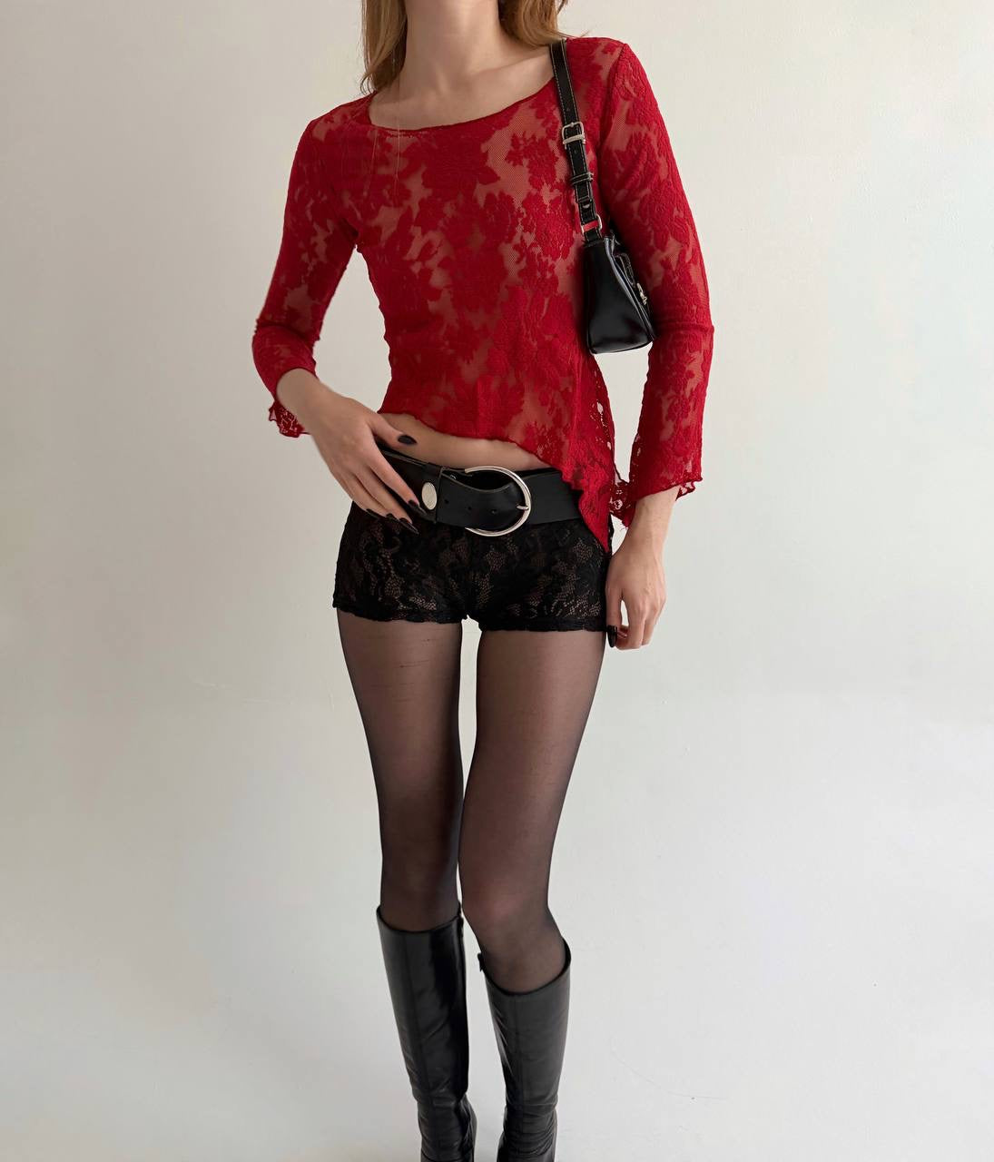 Vintage red mesh asymmetrical blouse