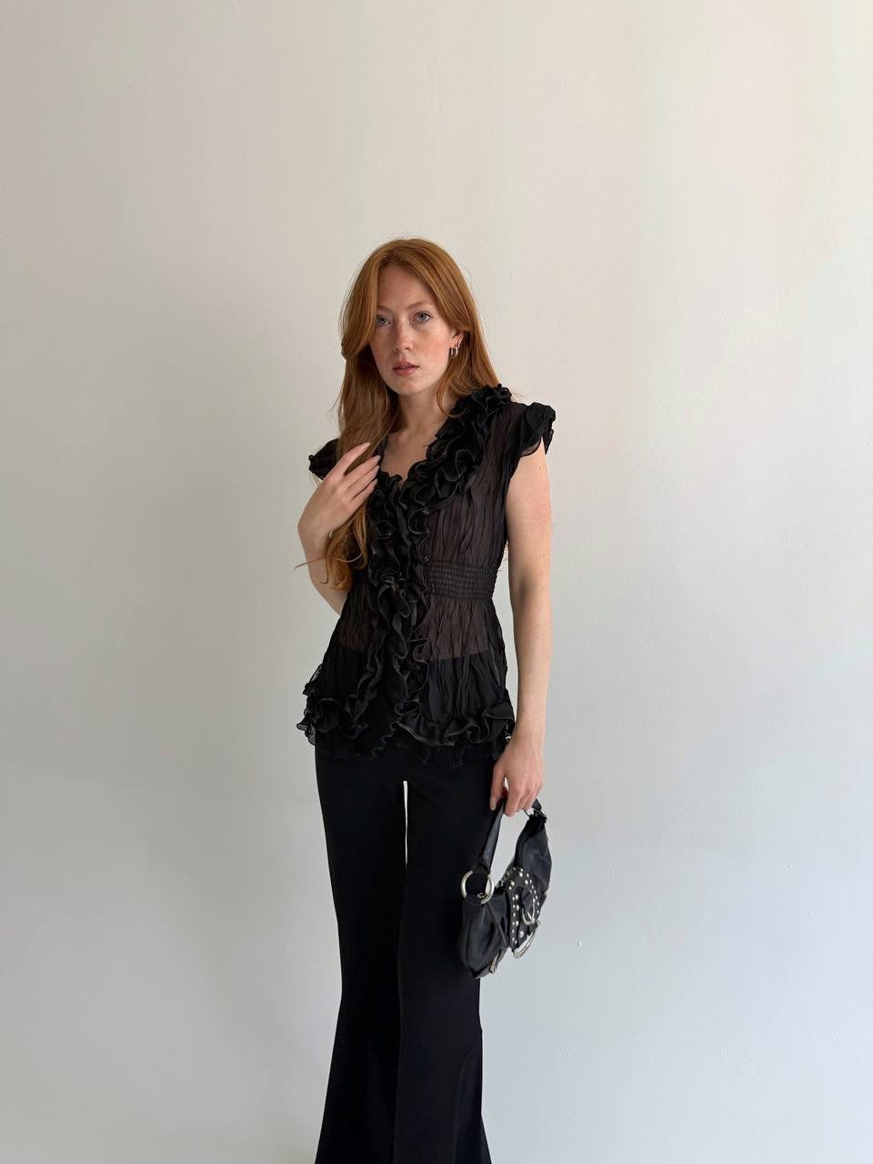 Vintage black ruffled blouse