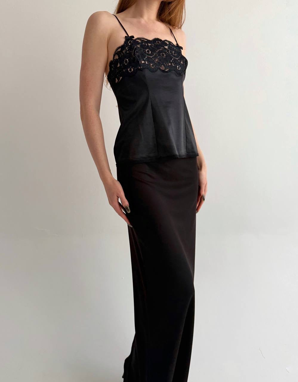 Vintage black satin camisole top with lace
