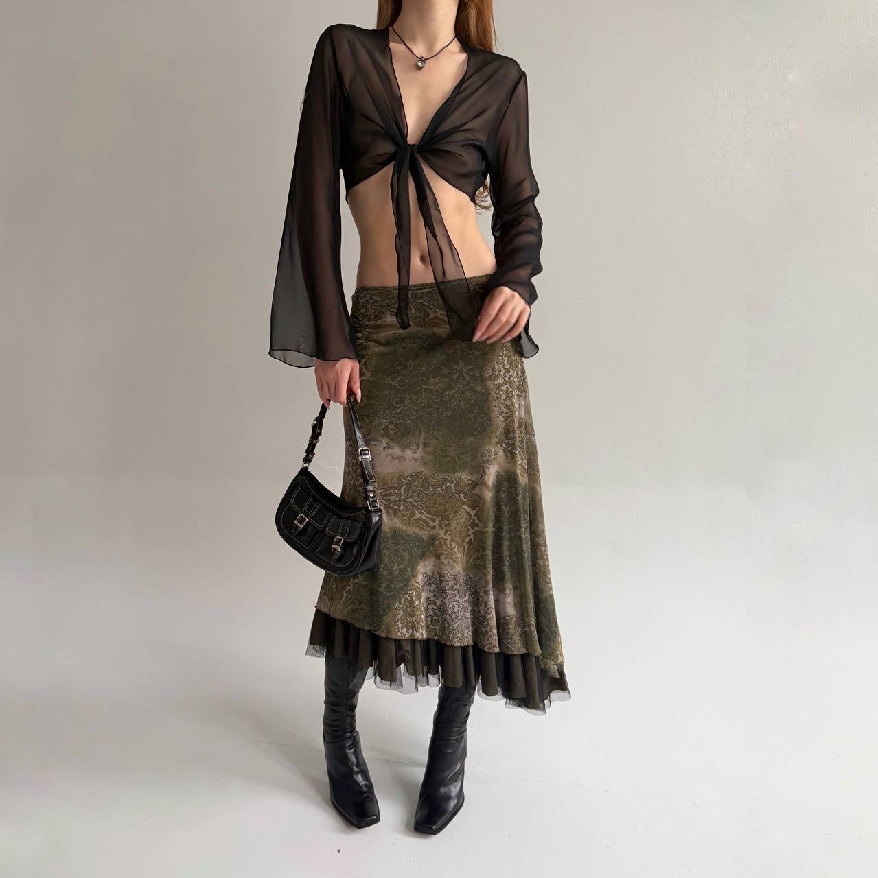 Y2K green printed midi asymmetrical skirt