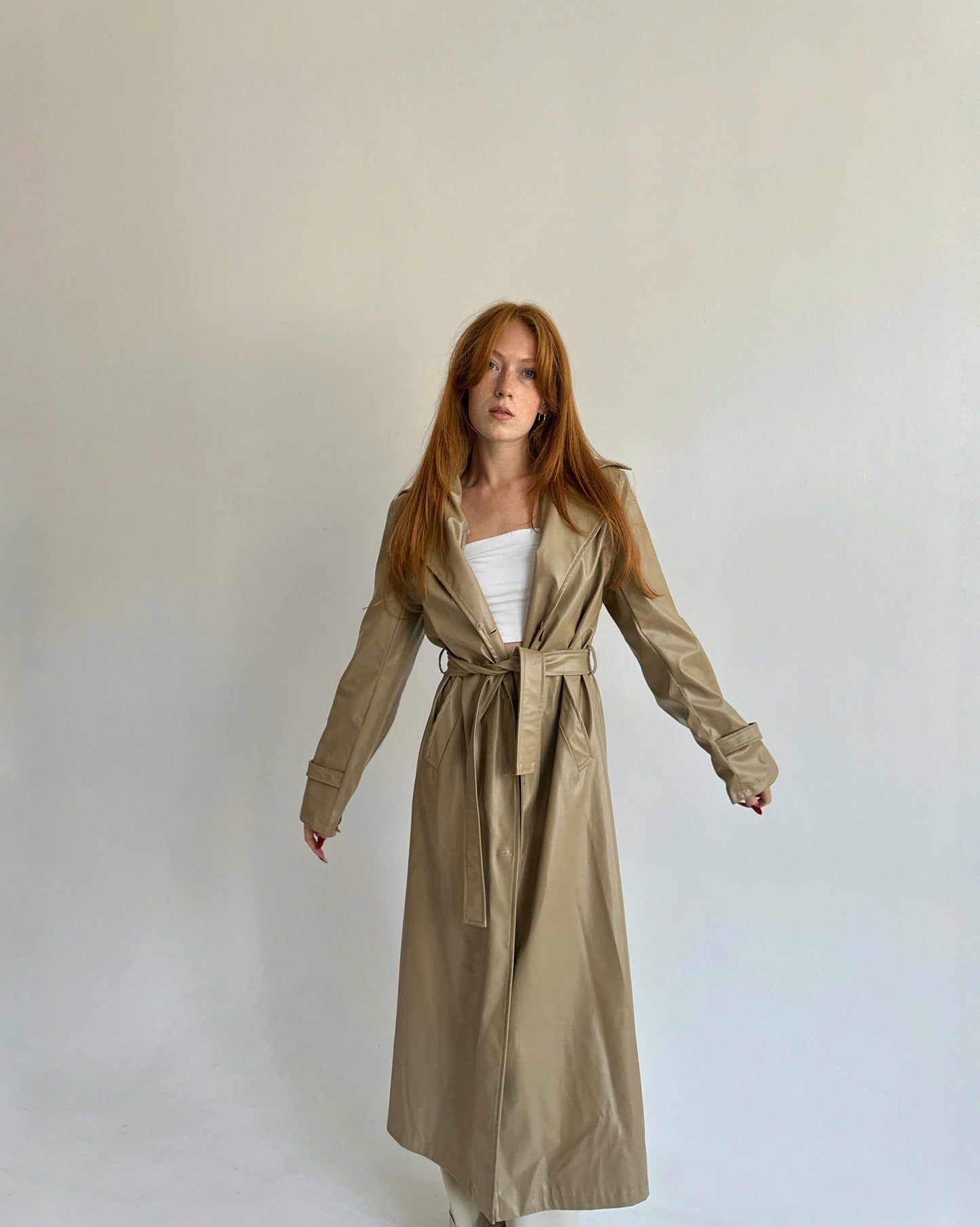 Vintage beige faux leather trench coat