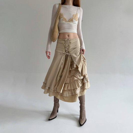 Vintage beige draped skirt with lace and checker pattern details