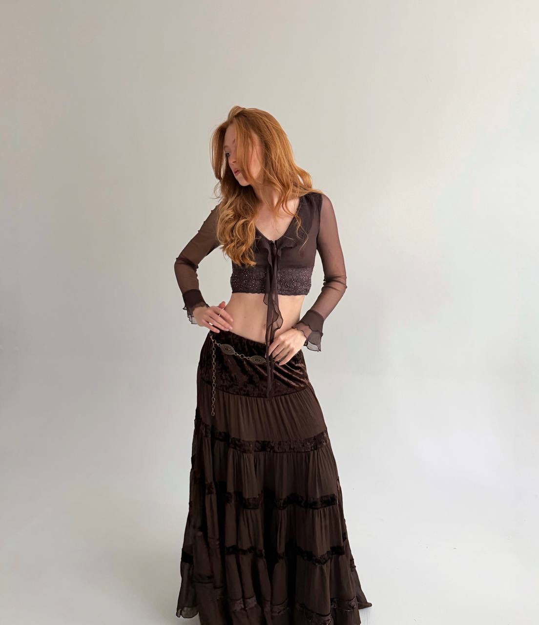 Vintage viscose brown sheer ruched maxi skirt