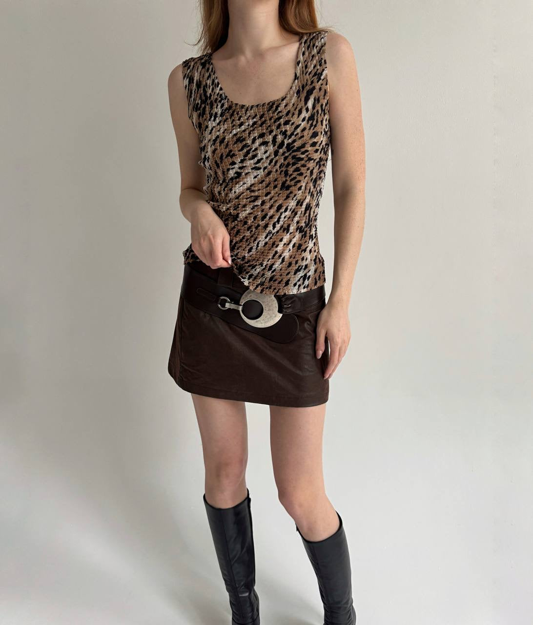 Vintage animal print pleated crinkle blouse