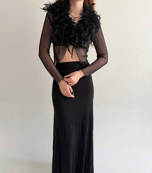 Vintage mesh blouse with ostrich feather collar