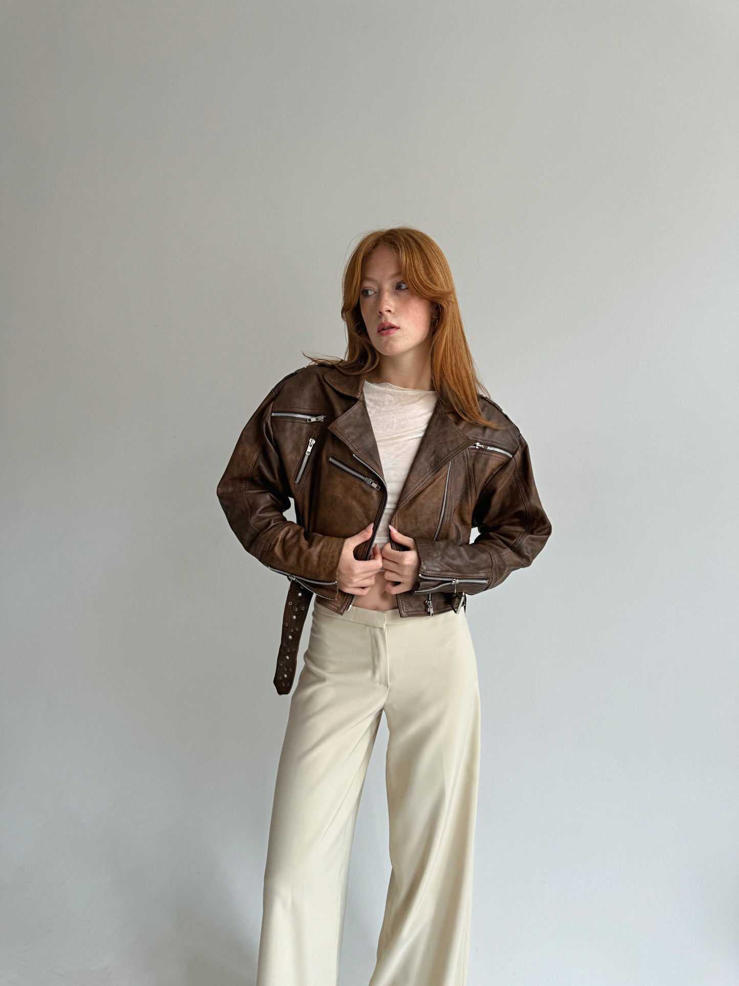 Vintage genuine leather brown waisted jacket