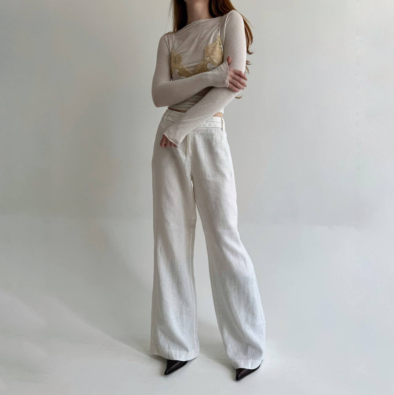 Y2K linen white wide leg pants
