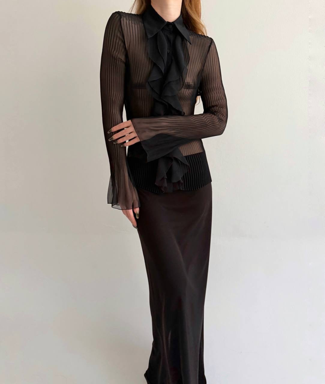 Vintage black sheer pleated blouse