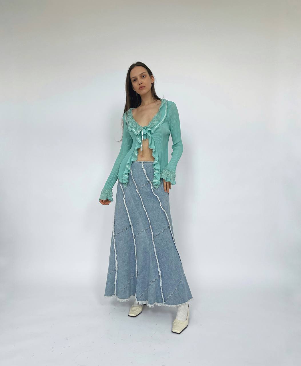 Vintage light denim maxi mermaid cut skirt