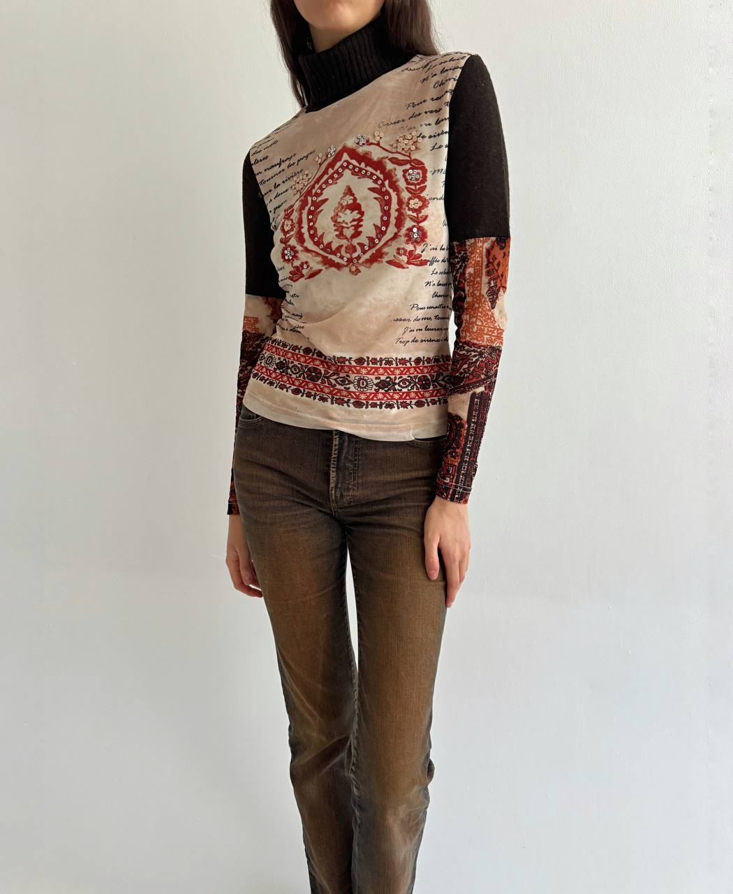 Vintage mesh printed blouse with knitted turtleneck