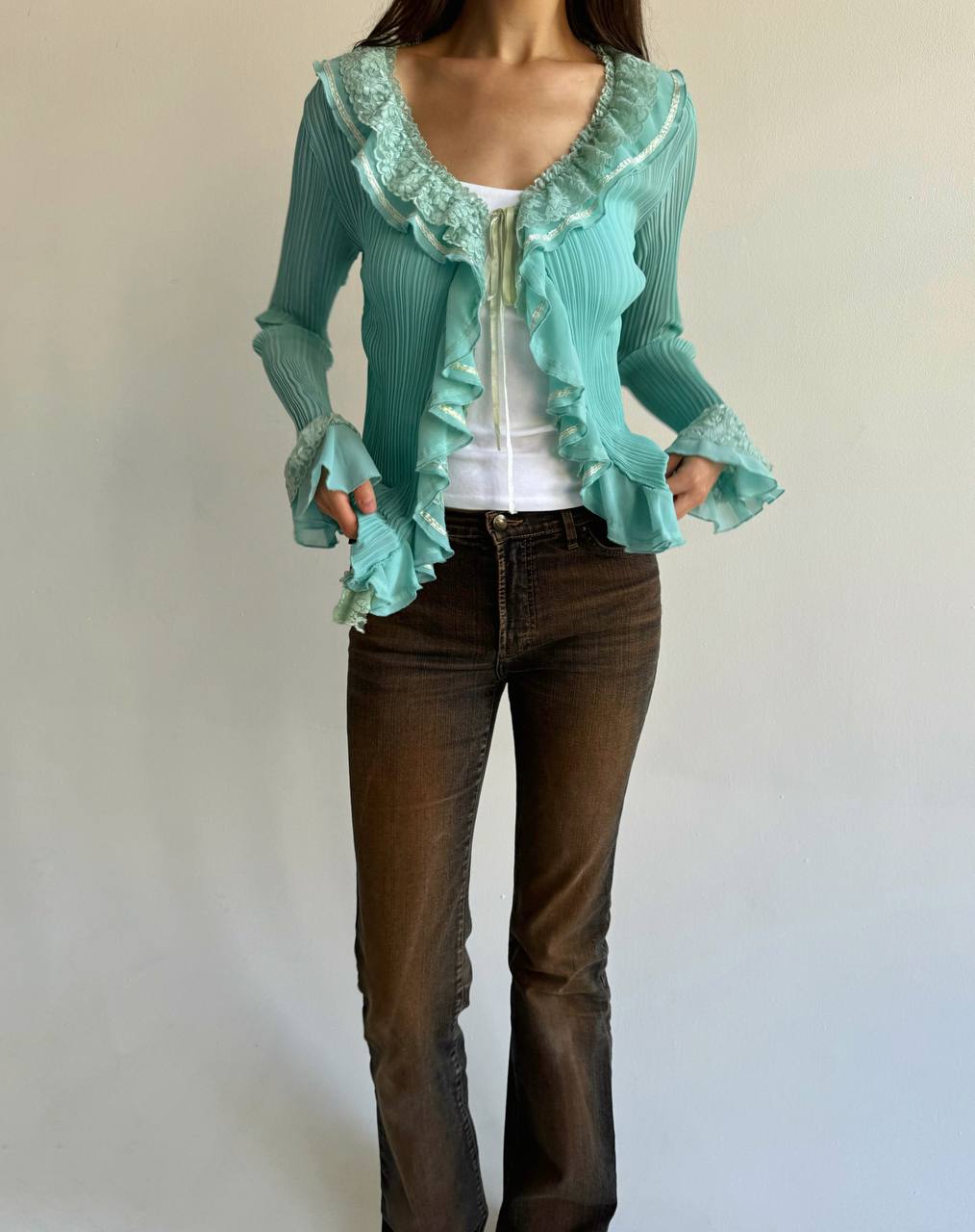 Vintage turquoise pleated lace ruffled blouse