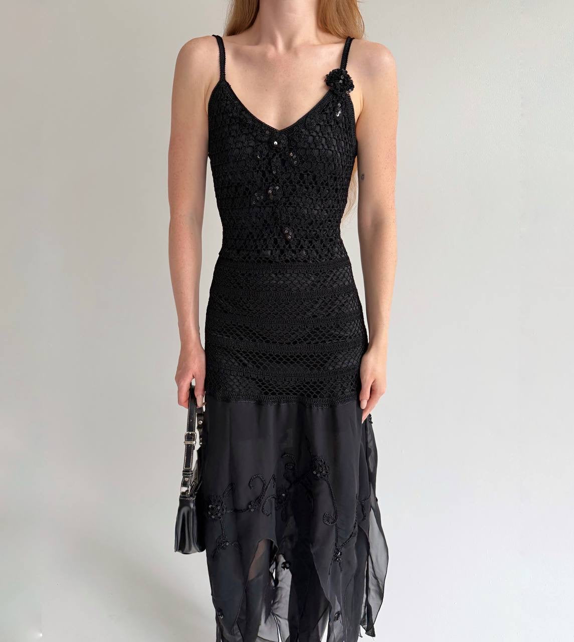 Vintage black 100% rayon asymmetrical long dress