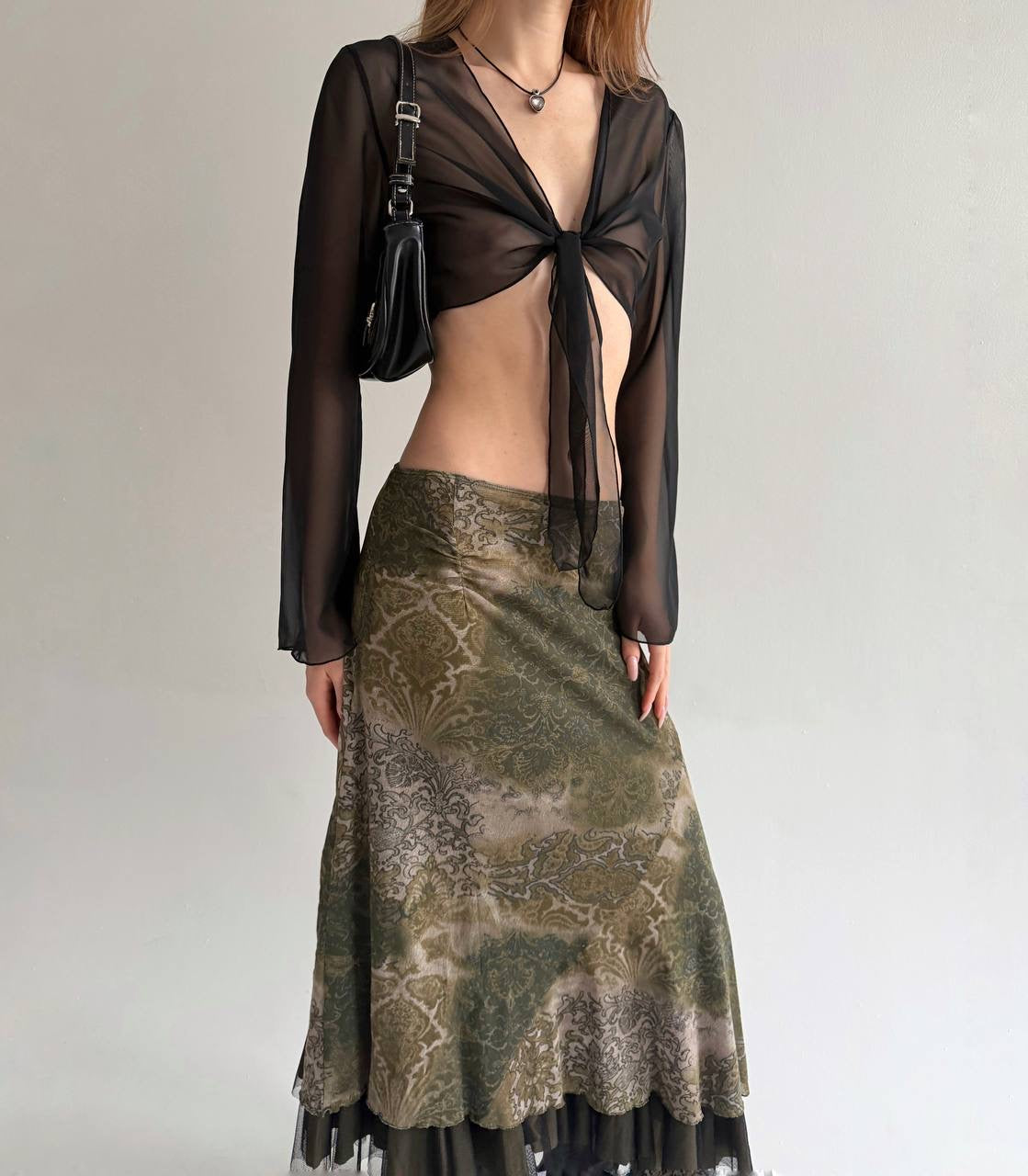 Y2K green printed midi asymmetrical skirt