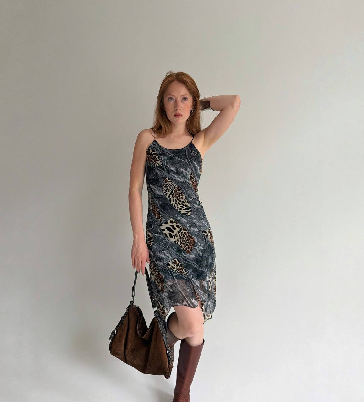 Vintage leopard and denim print midi dress