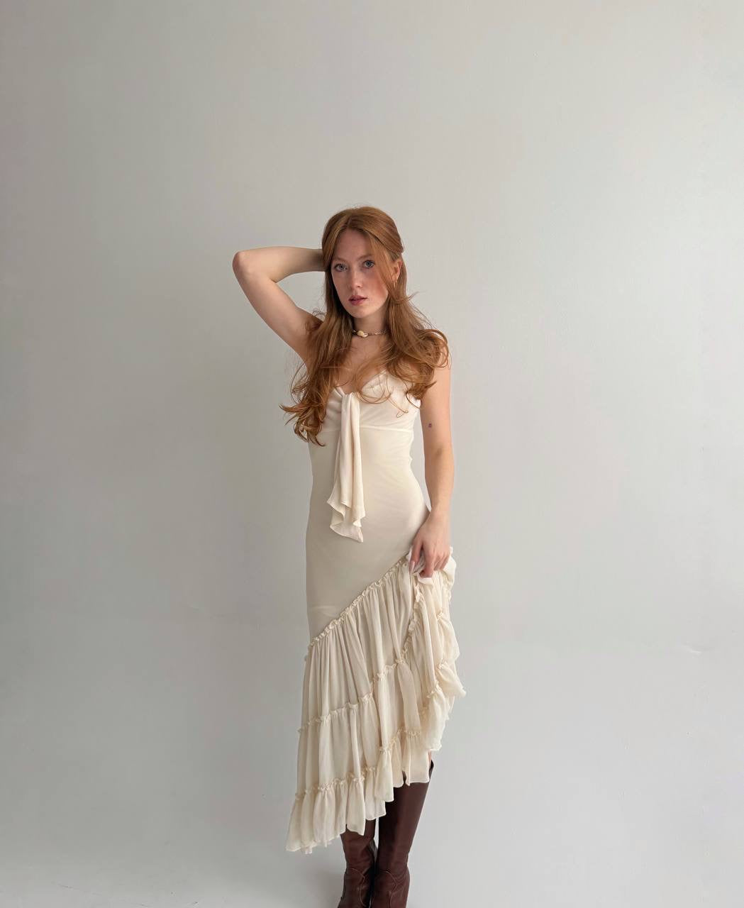 Vintage asymmetrical dress with pleated ruched bottom