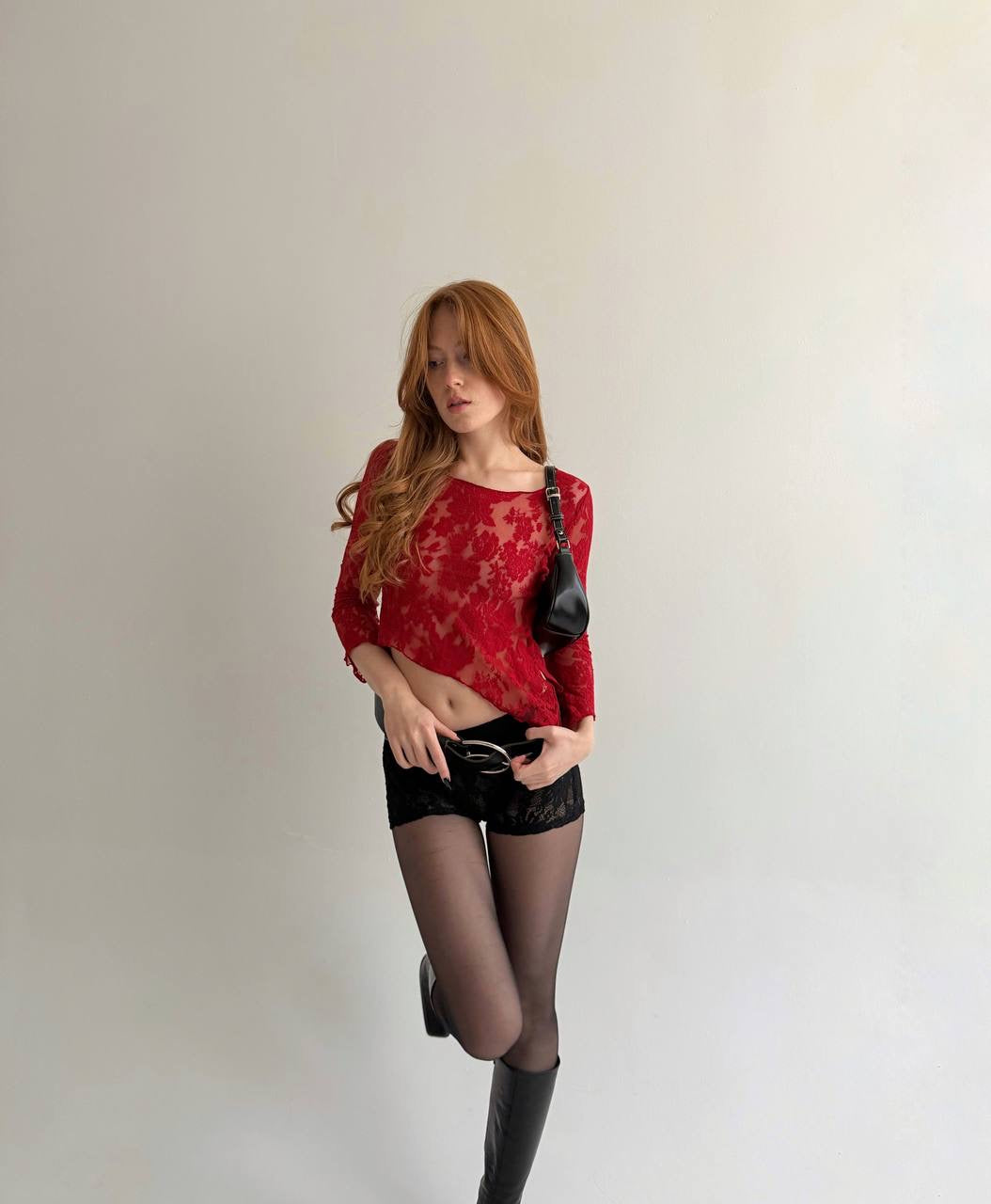 Vintage red mesh asymmetrical blouse