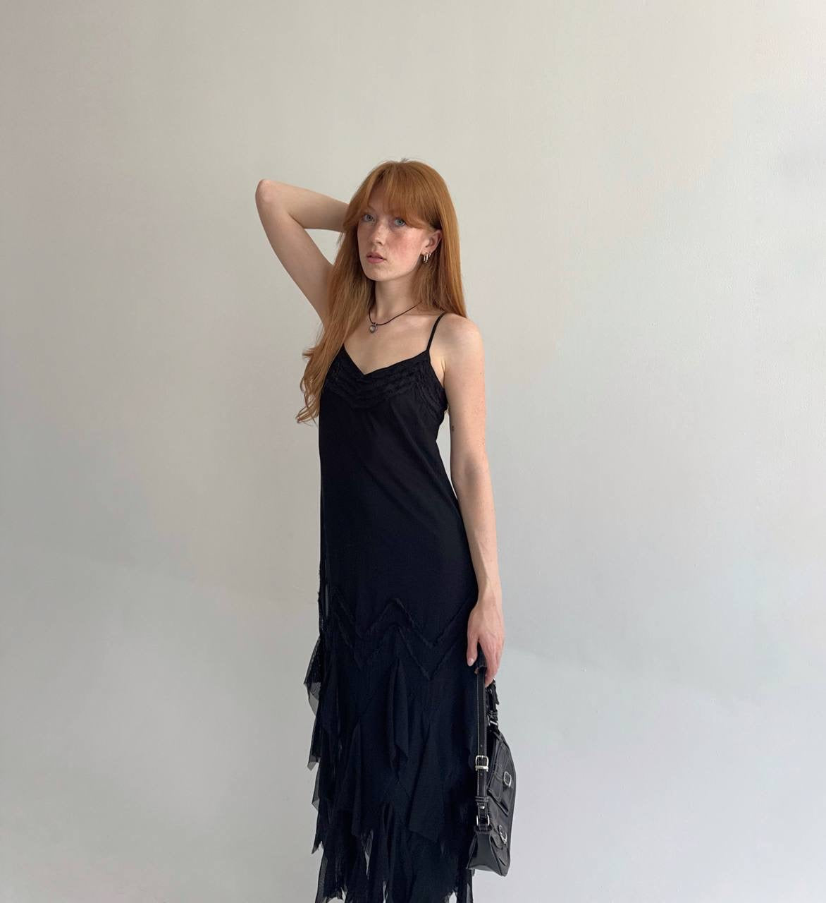 Y2K black asymmetrical slip dress