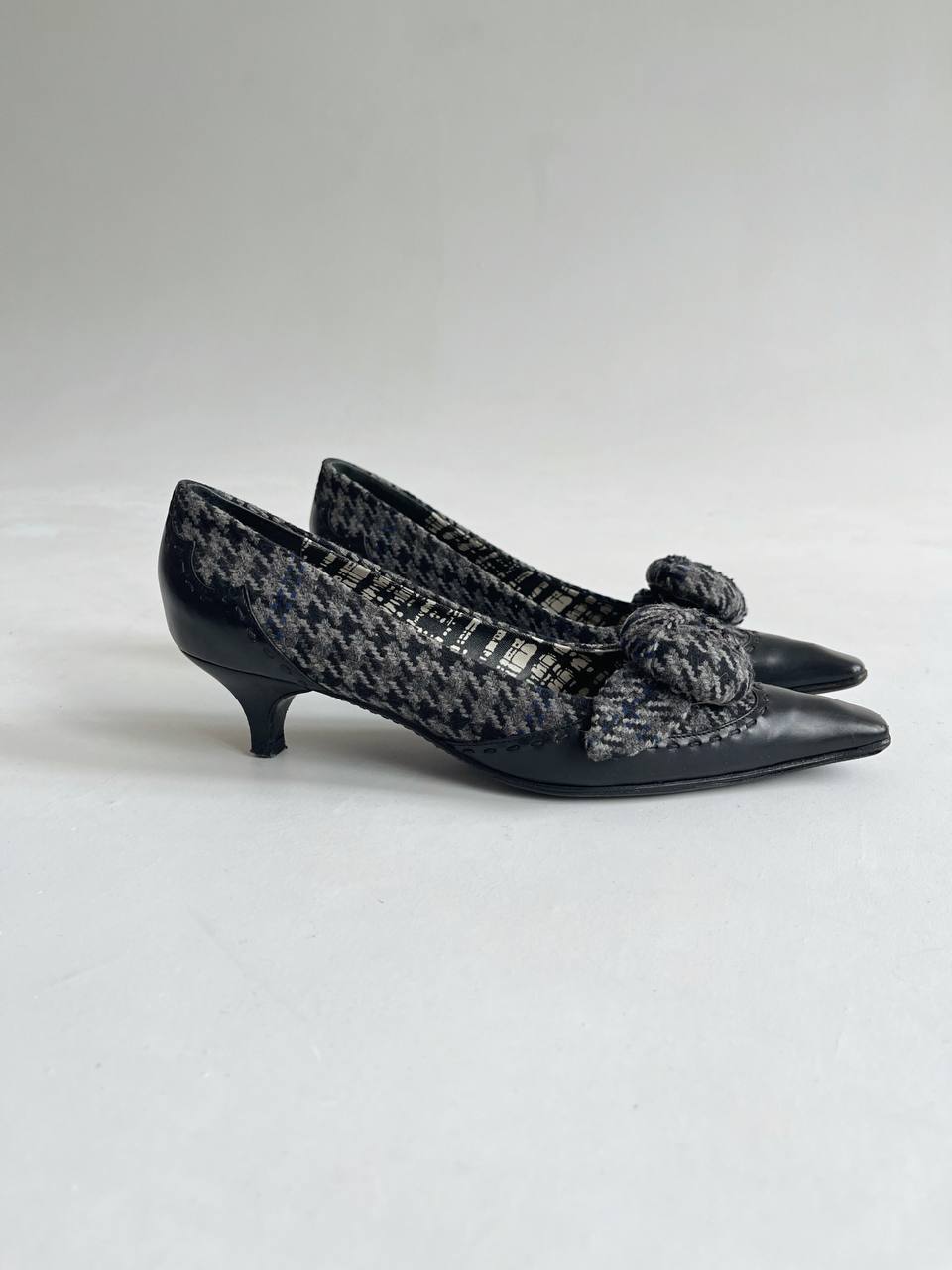 Vintage Prada houndstooth kitten heels with rose brooch