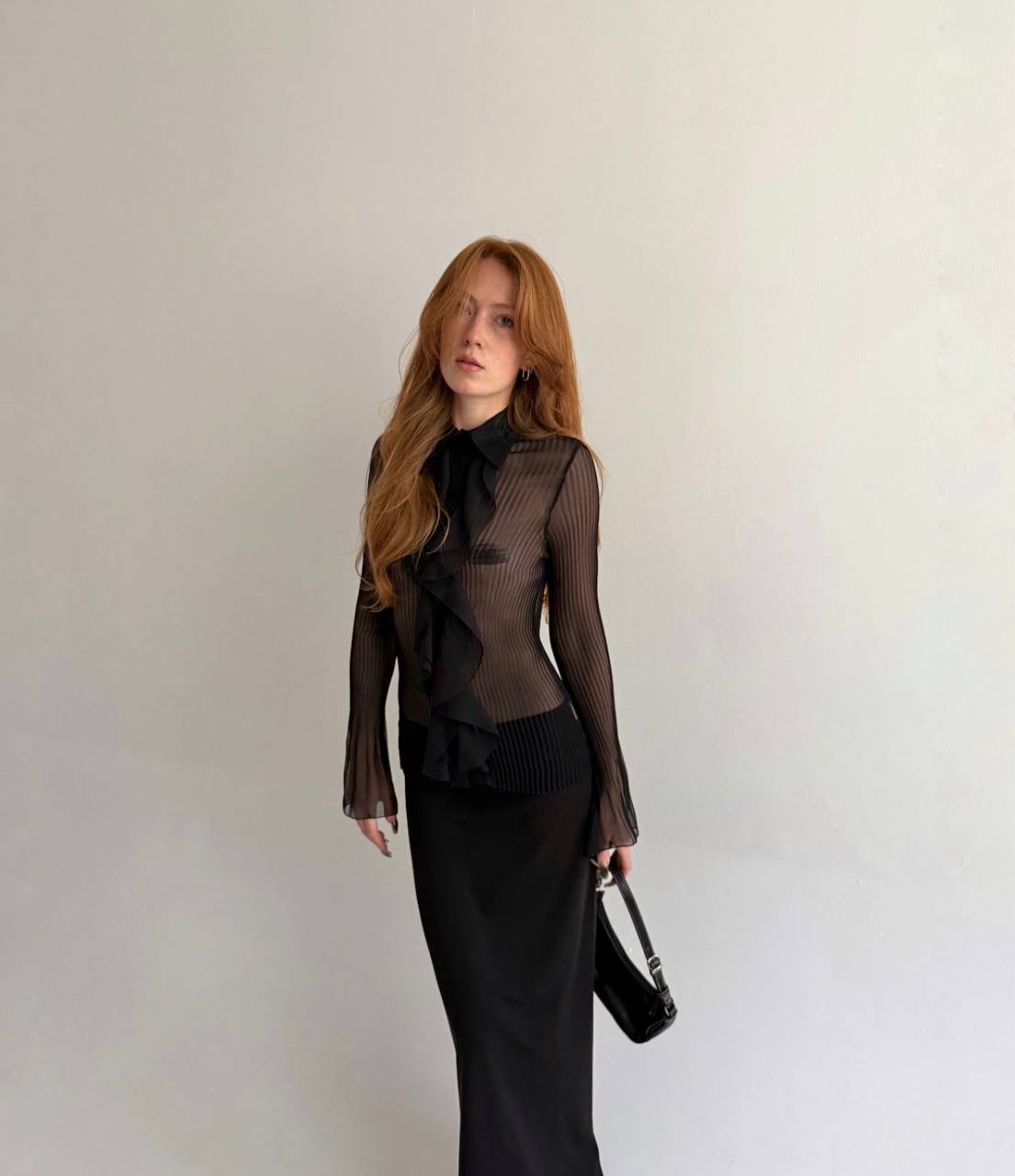 Vintage black sheer pleated blouse