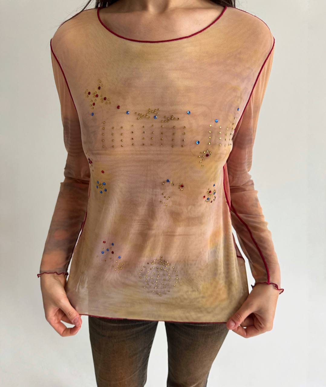 Vintage abstract mesh blouse with rhinestones