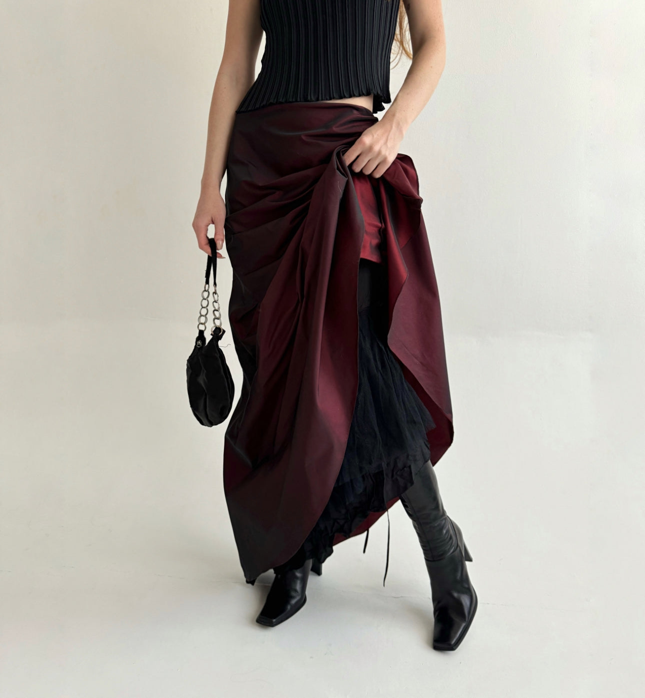 Vintage gothic burgundy maxi skirt with side gathering