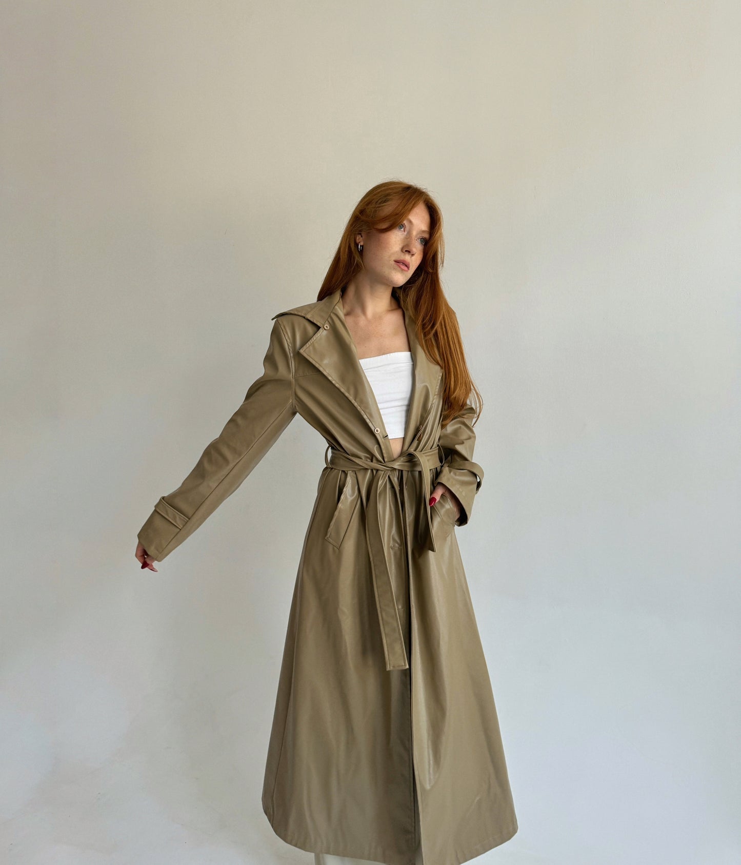 Vintage beige faux leather trench coat