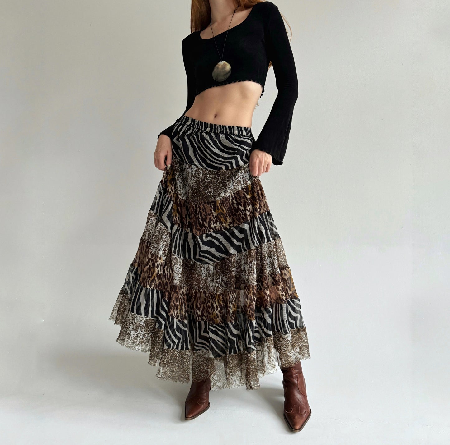 Vintage maxi ruched animal print skirt