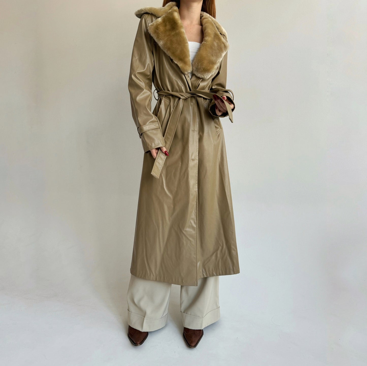 Vintage beige faux leather trench coat