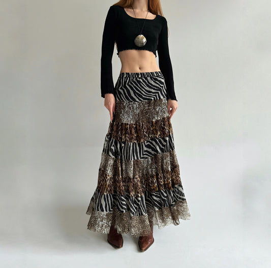 Vintage maxi ruched animal print skirt