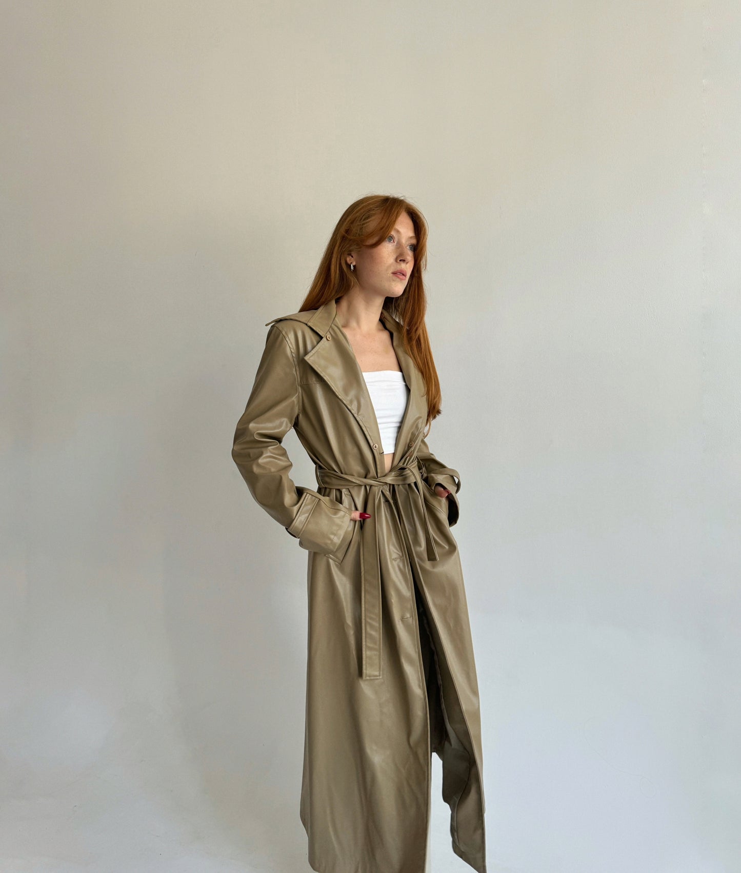 Vintage beige faux leather trench coat