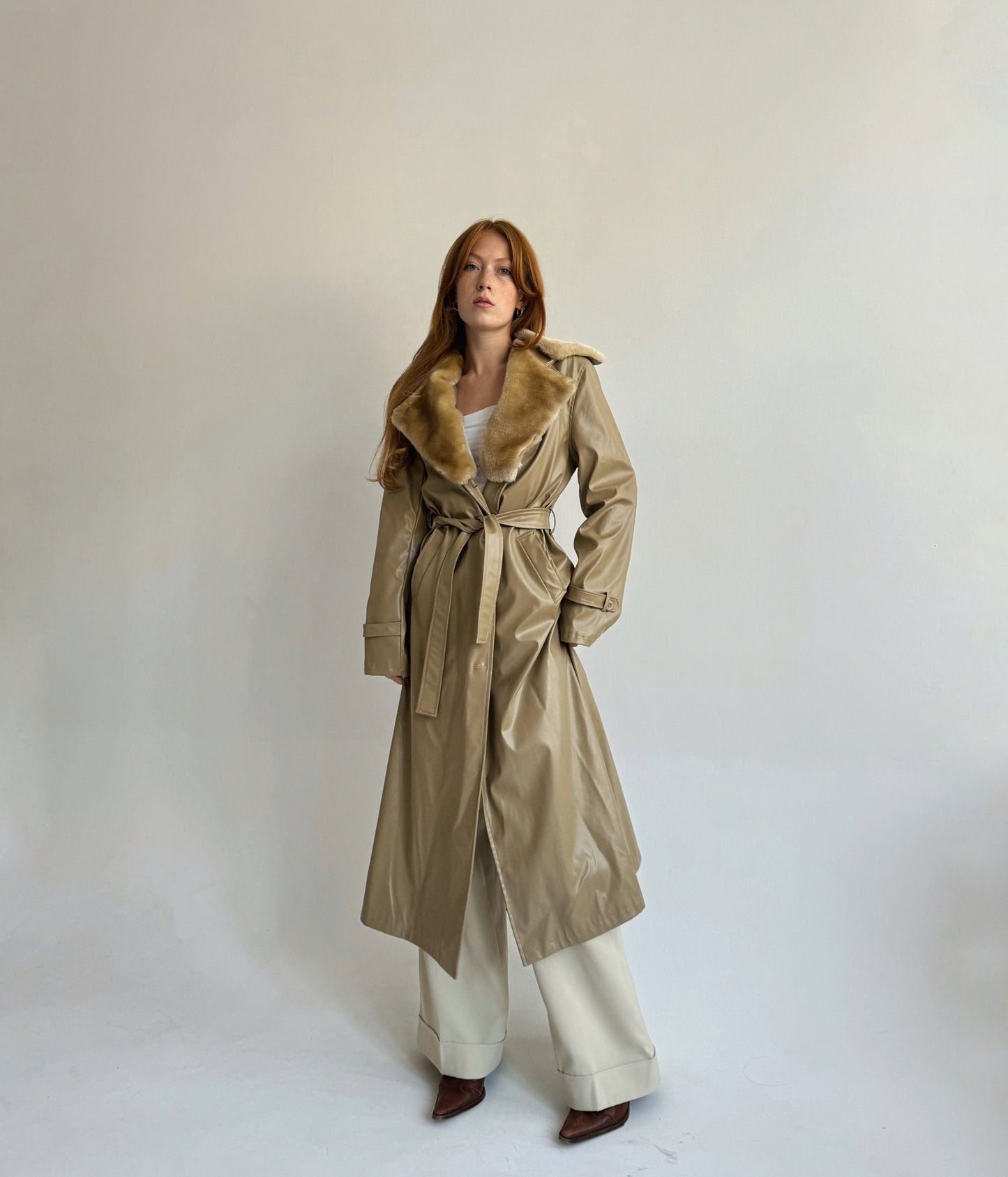 Vintage beige faux leather trench coat