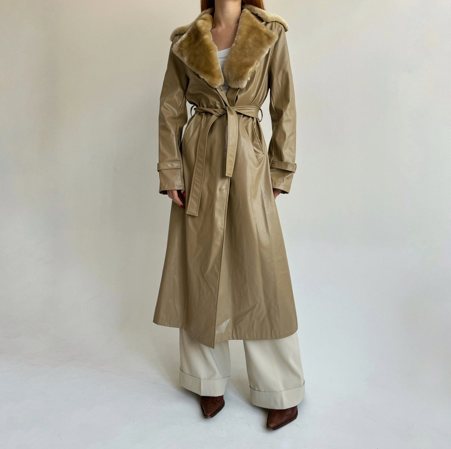 Vintage beige faux leather trench coat