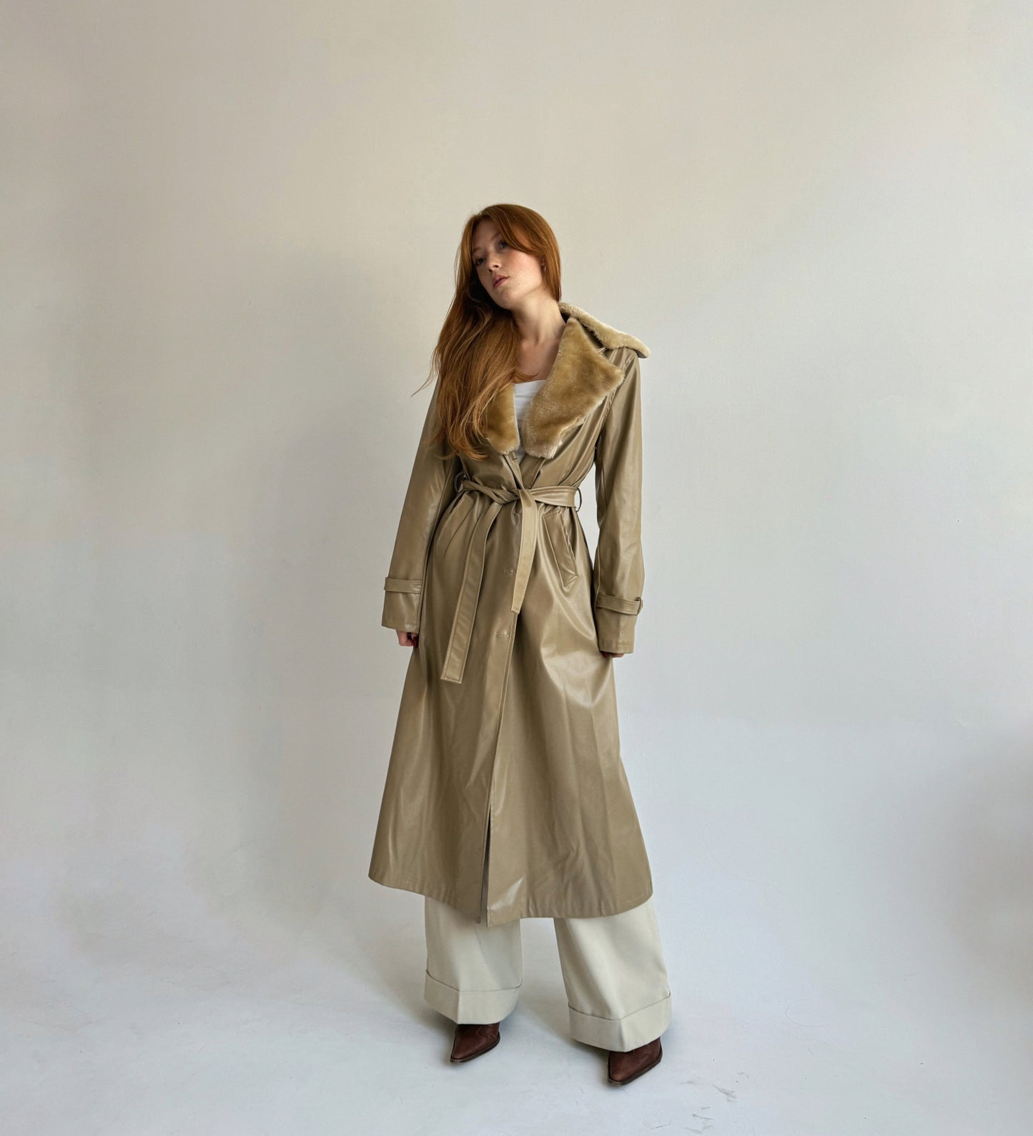 Vintage beige faux leather trench coat