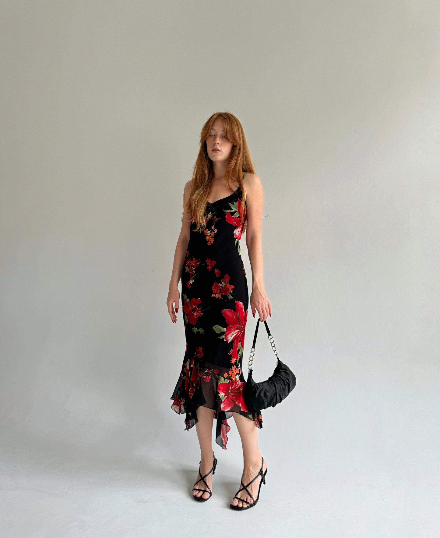 Vintage viscose dress with red flowers