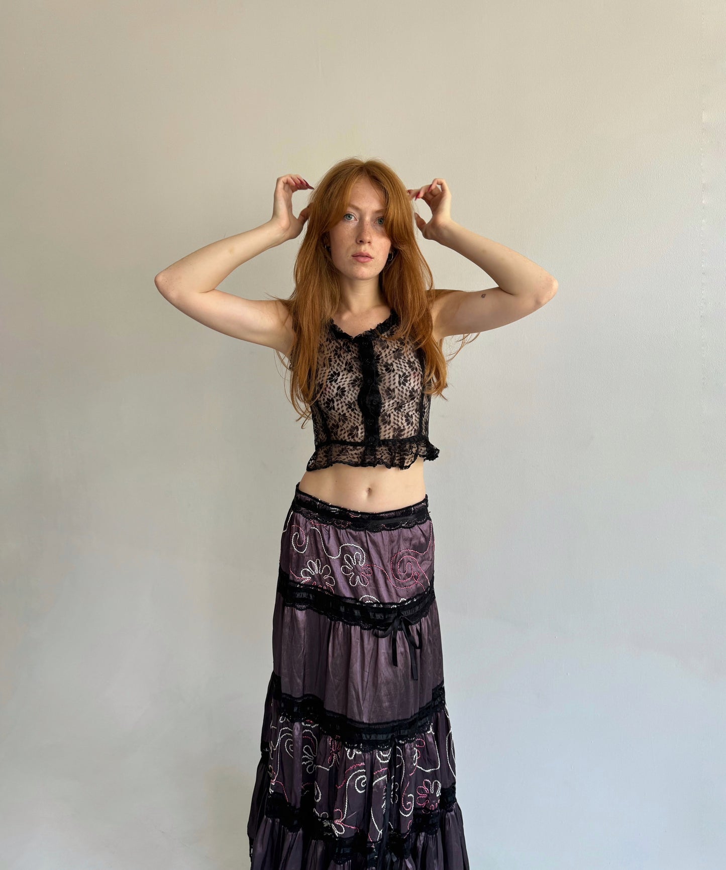 Vintage black lace sleeveless transparent top