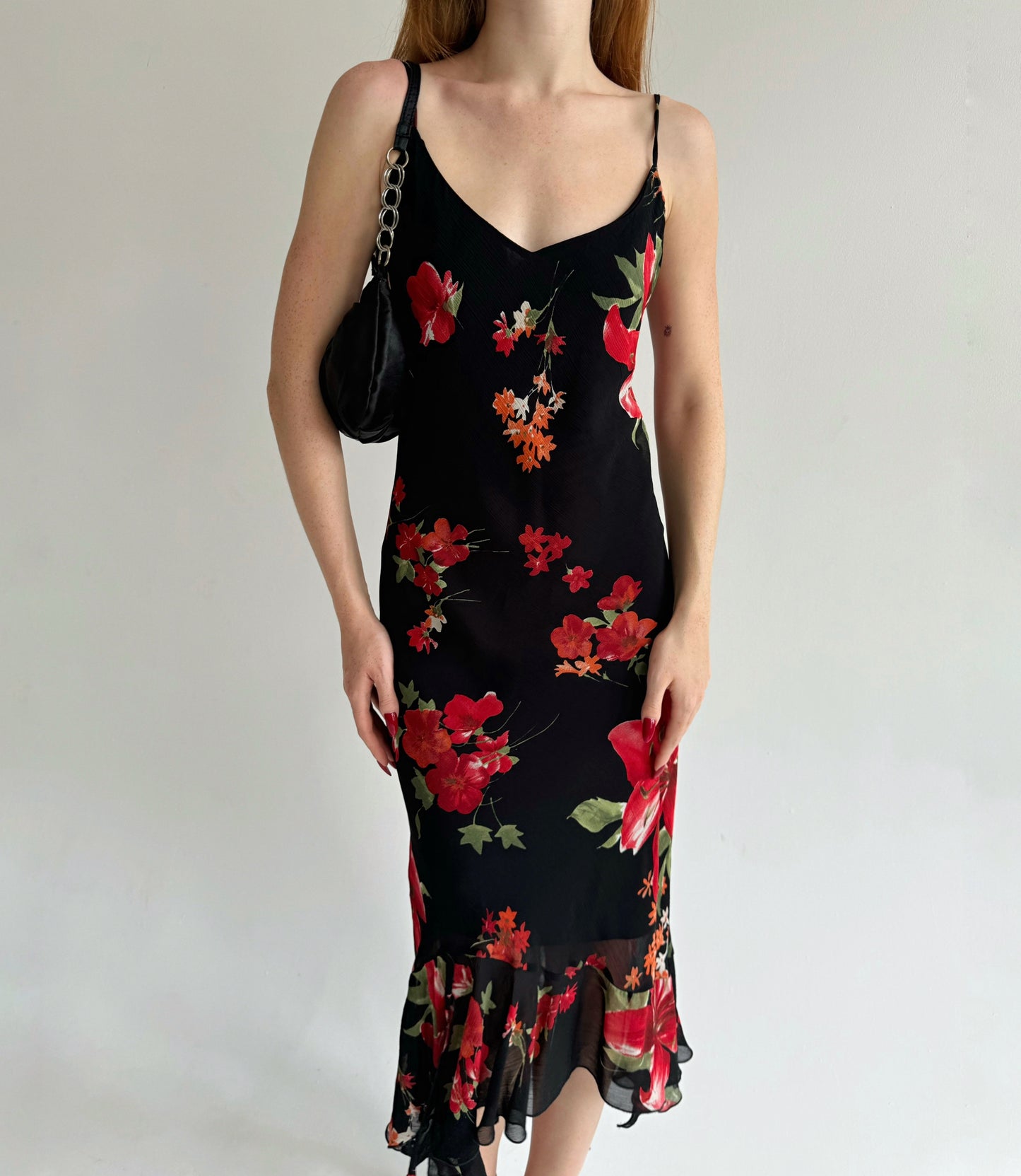 Vintage viscose dress with red flowers