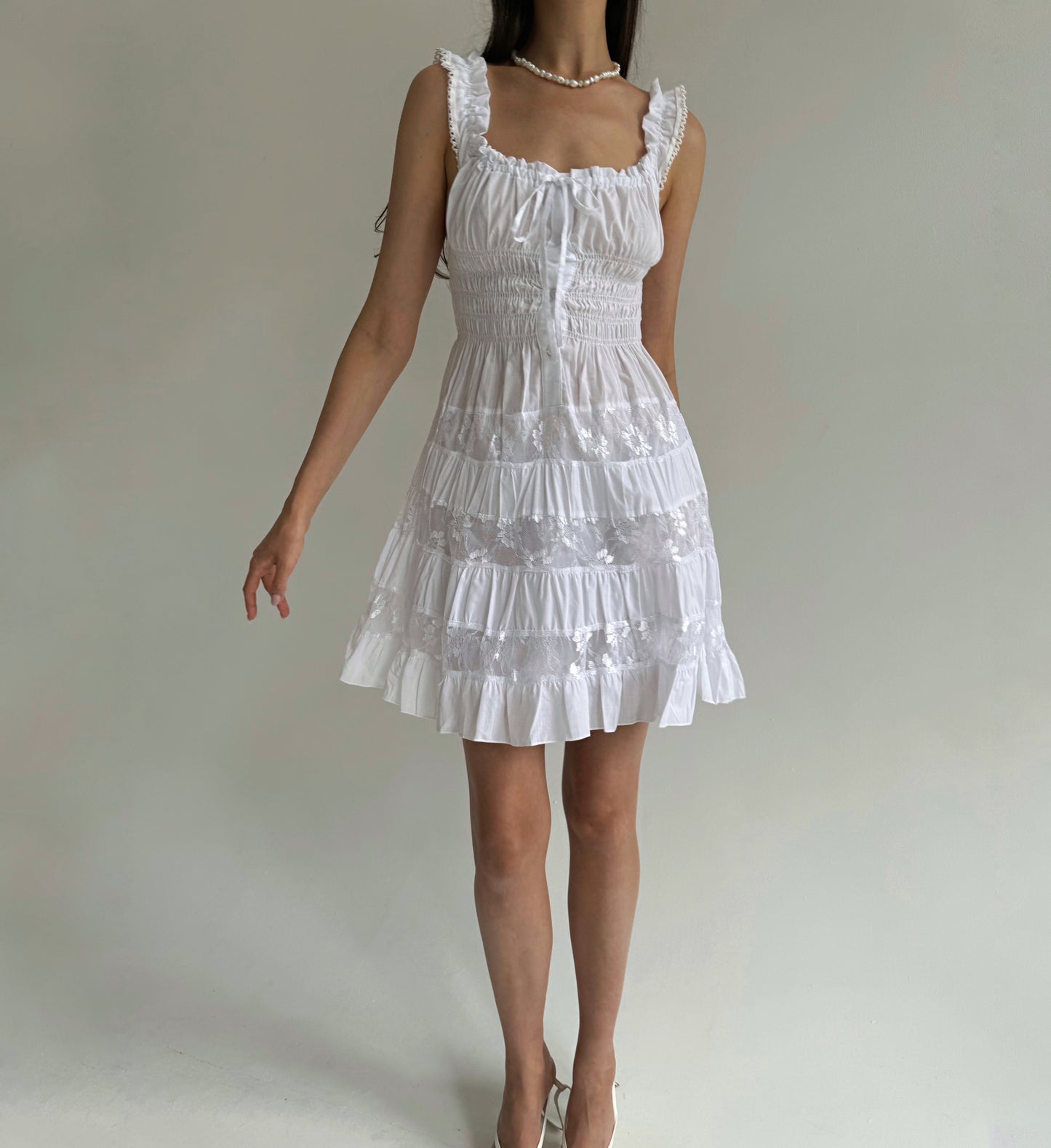 Y2K cotton white milkmaid dress with floral lace