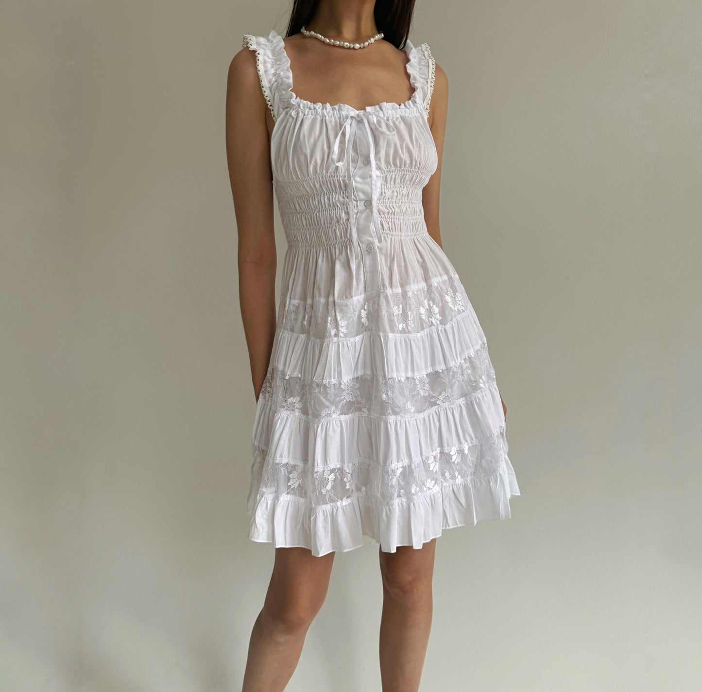 Y2K cotton white milkmaid dress with floral lace