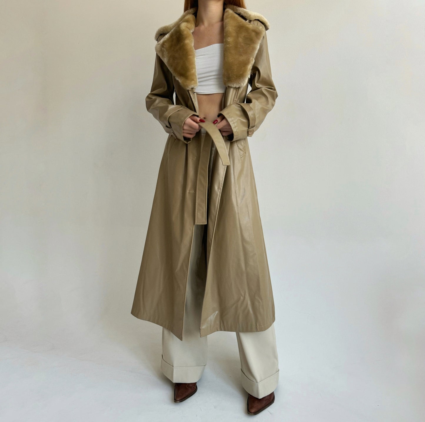 Vintage beige faux leather trench coat