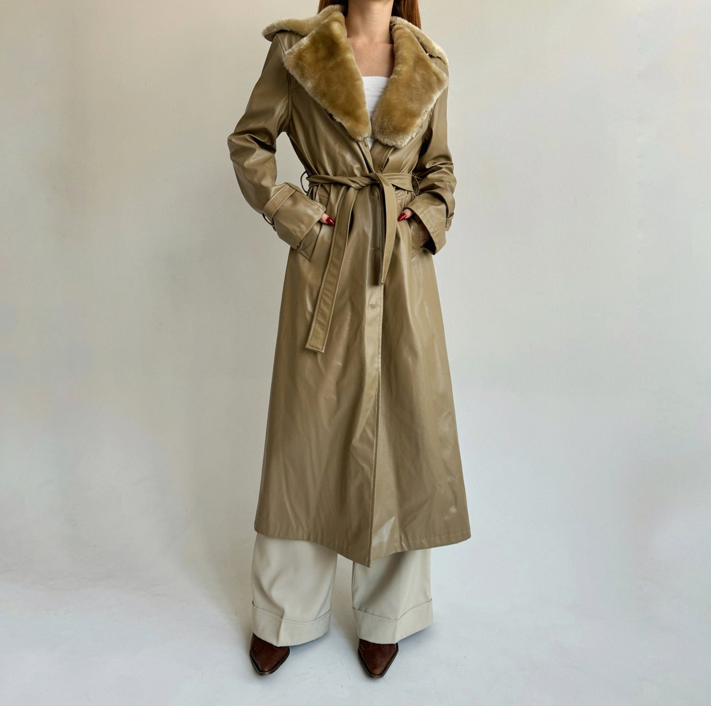 Vintage beige faux leather trench coat