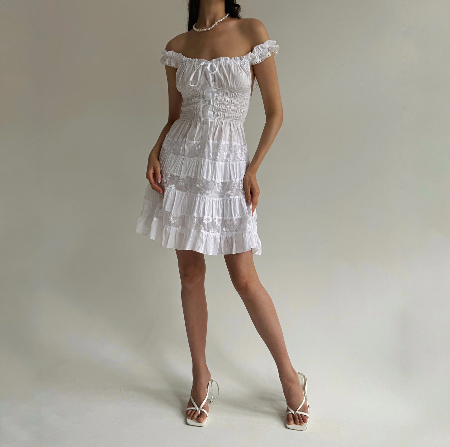 Y2K cotton white milkmaid dress with floral lace